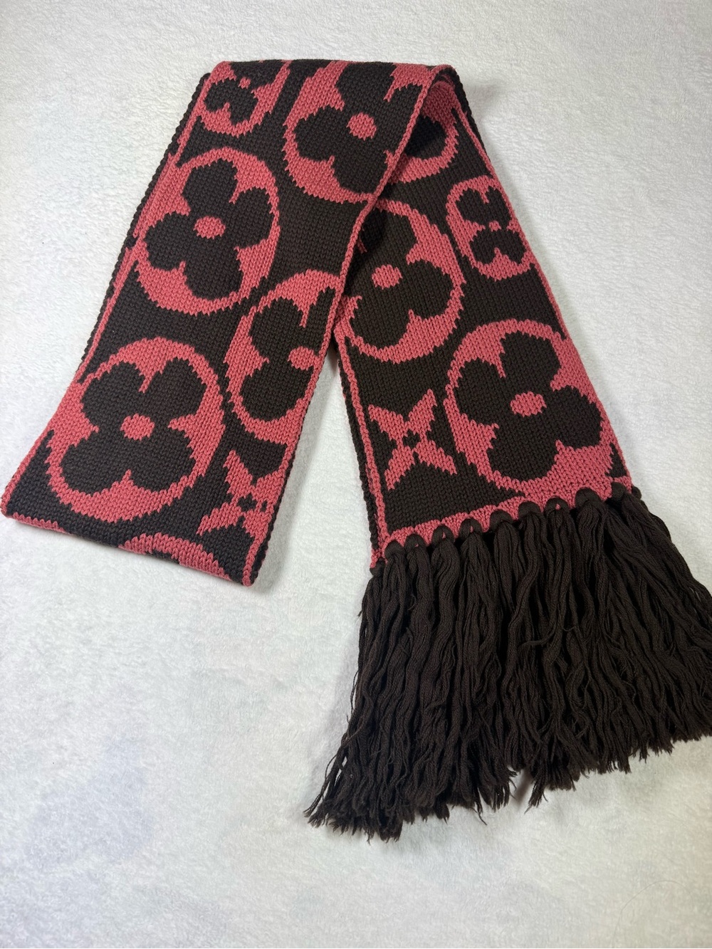 Louis Vuitton Pink and Brown Floral Knit Scarf